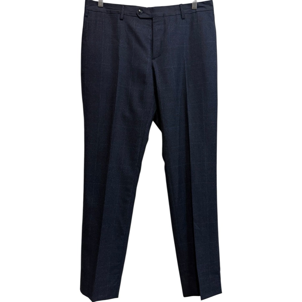 Etro Milano Navy Shadow Plaid Wool Trousers Italy 48 Slim Tailored Quiet Luxury